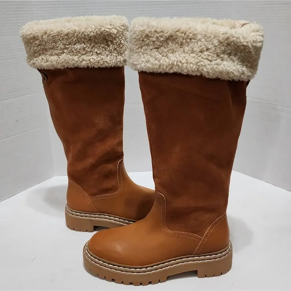 Splendid  Antonia faux fur trimmed Cognac leather boots Women's size 7.5 8 new!!